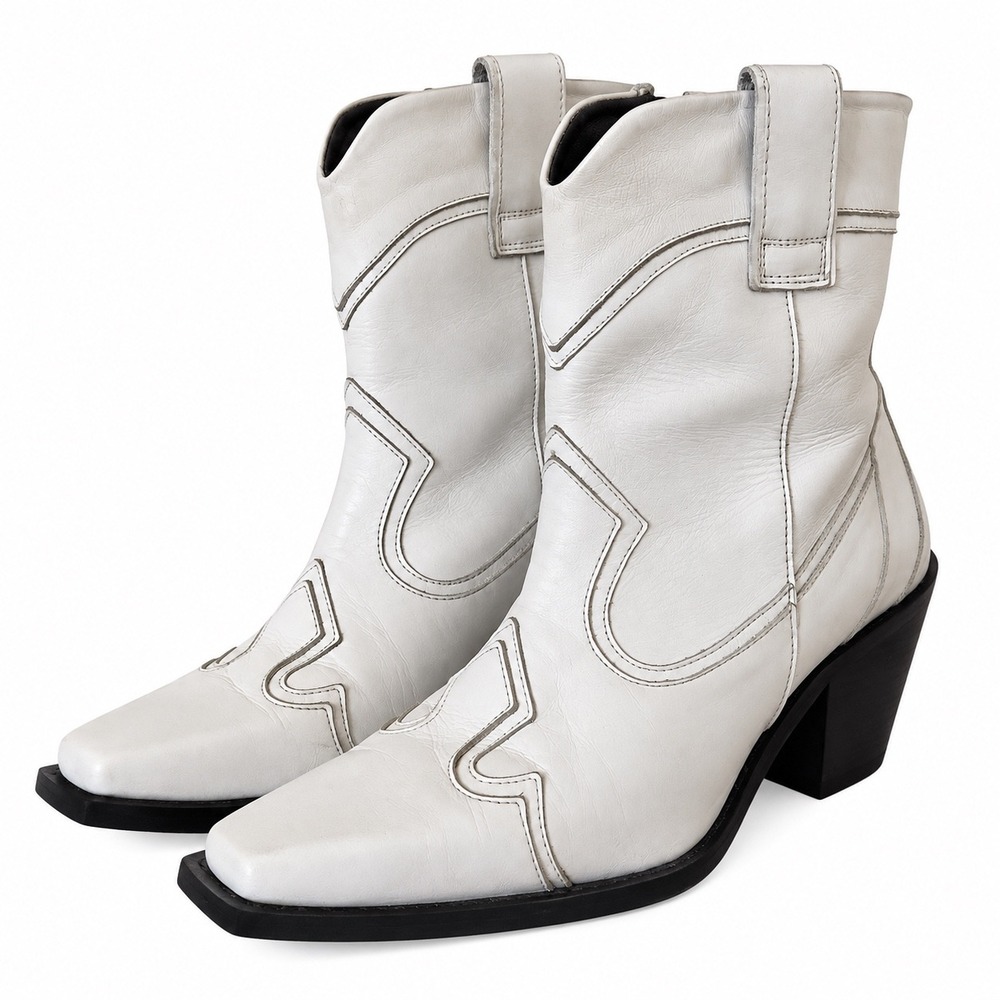 L'Intervalle White Leather Western Ankle Boots Square Toe Made in Spain EU 36